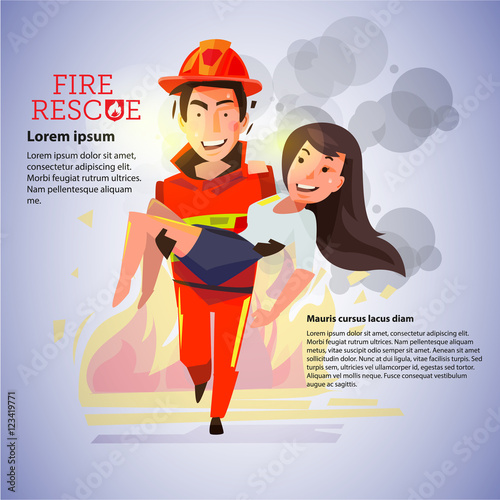 fireman carrying beautiful girl on fire background - vector illu