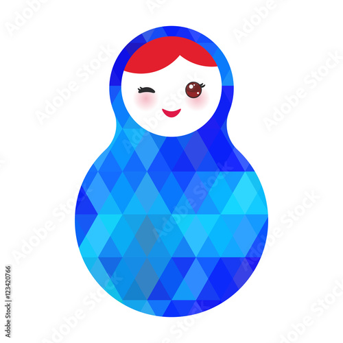 wink Russian dolls matryoshka with bright rhombus on white background, blue colors. Vector