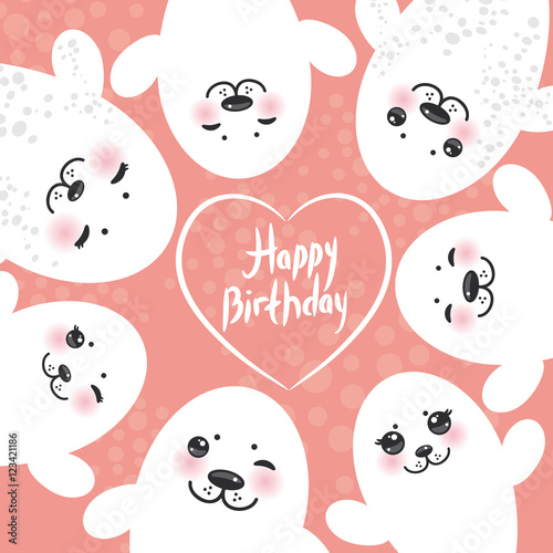 Happy birthday card design Funny white fur seal pups, cute winking seals with pink cheeks and big eyes. Kawaii albino animals on pink background. Vector