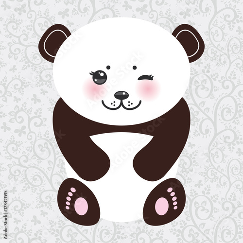 Fototapeta Naklejka Na Ścianę i Meble -  Kawaii funny panda white muzzle with pink cheeks and winking black eyes. Vector