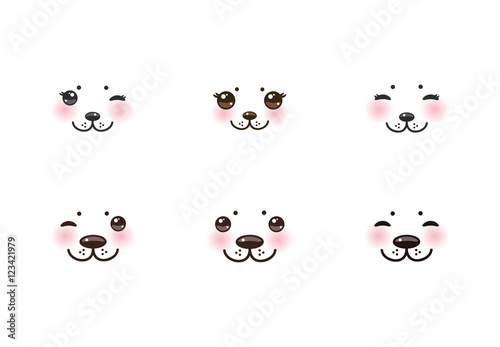 Kawaii funny albino animal white muzzle with pink cheeks and winking eyes. Vector