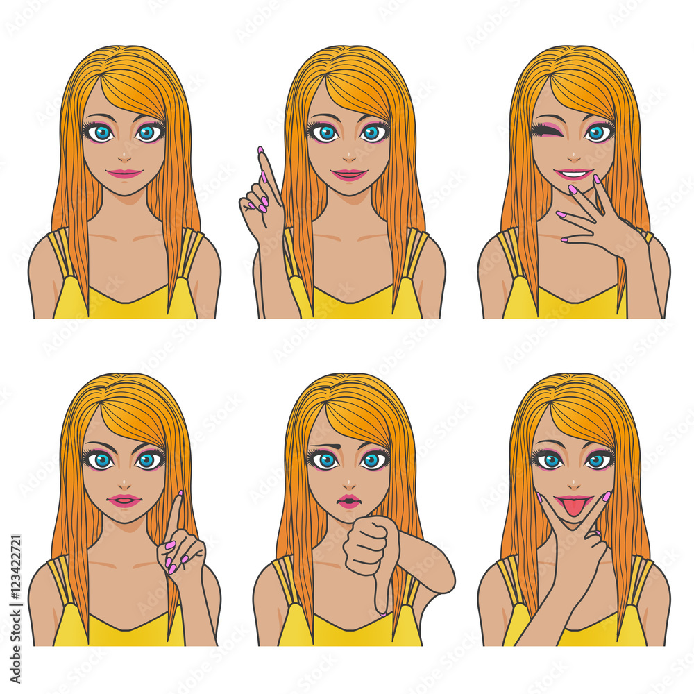 young make-up girl character set, various pose and expression, cartoon illustration, vector young make-up girl character set, various pose and expression, cartoon illustration, vector