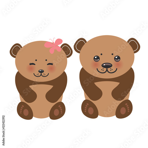 Kawaii funny brown bears girl and boy white muzzle with pink cheeks and big black eyes. Vector