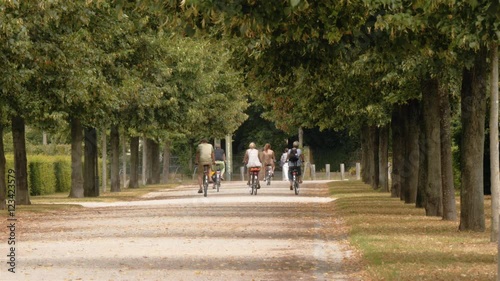 A group of tourists are riding away on bicycles through the alley at Potsdam city, countryside of Berlin. Real time locked down establishing shot.
