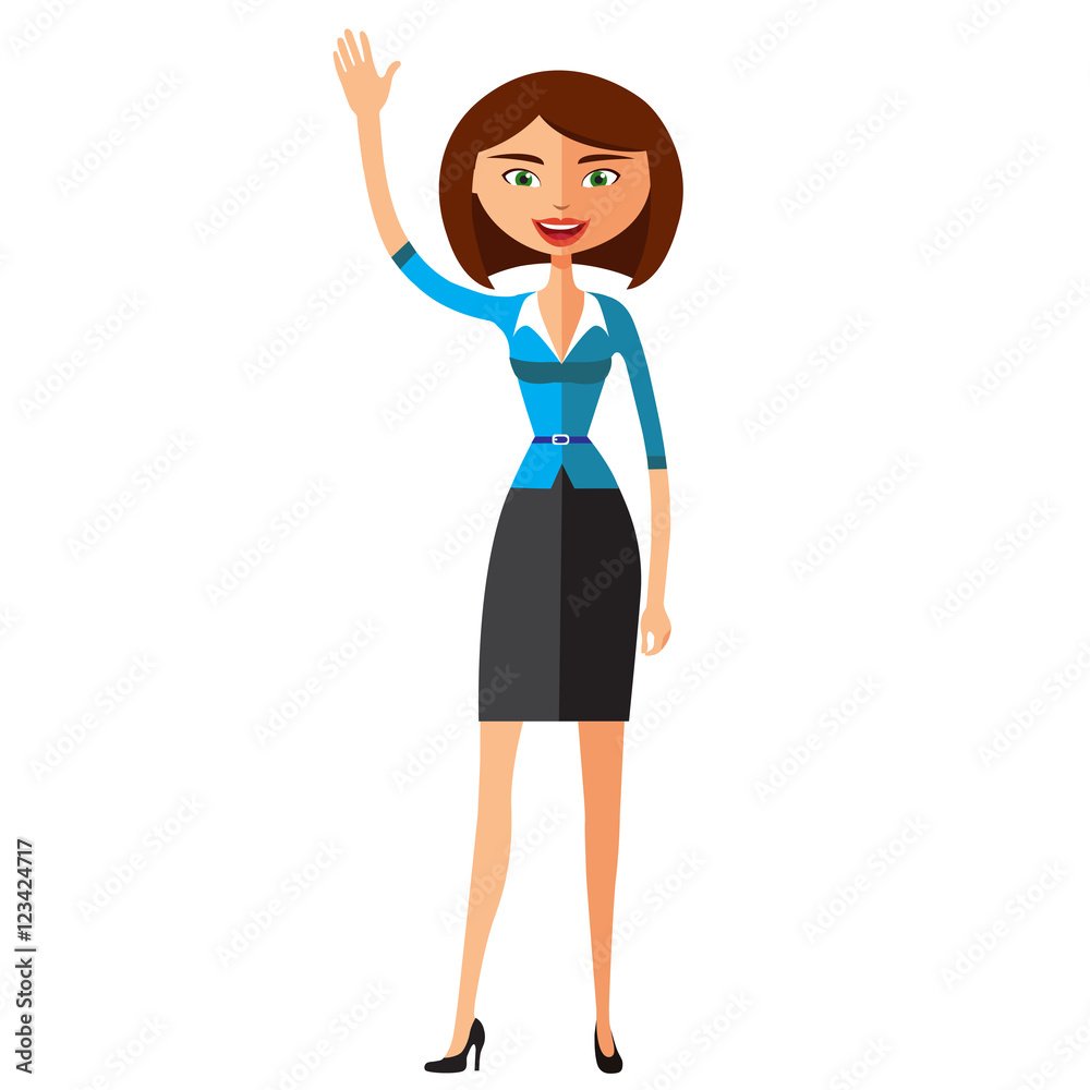 Cheerful young businesswoman waving her hand vector flat cartoon illustration. Cheerful young businesswoman waving her hand vector flat cartoon illustration.