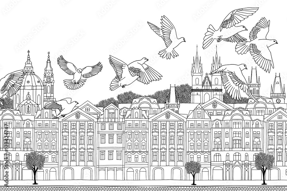 Prague, Czech Republic - hand drawn black and white cityscape with birds