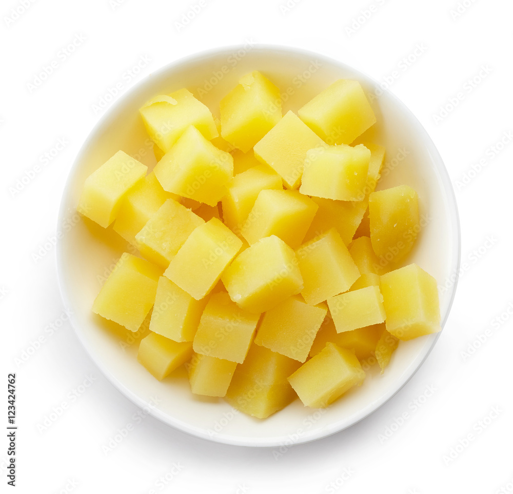 bowl of diced boiled potatoes, from above bowl of diced boiled potatoes, from above