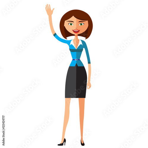 Cheerful young businesswoman waving her hand vector flat cartoon illustration.