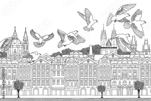 Prague, Czech Republic - hand drawn black and white cityscape with birds