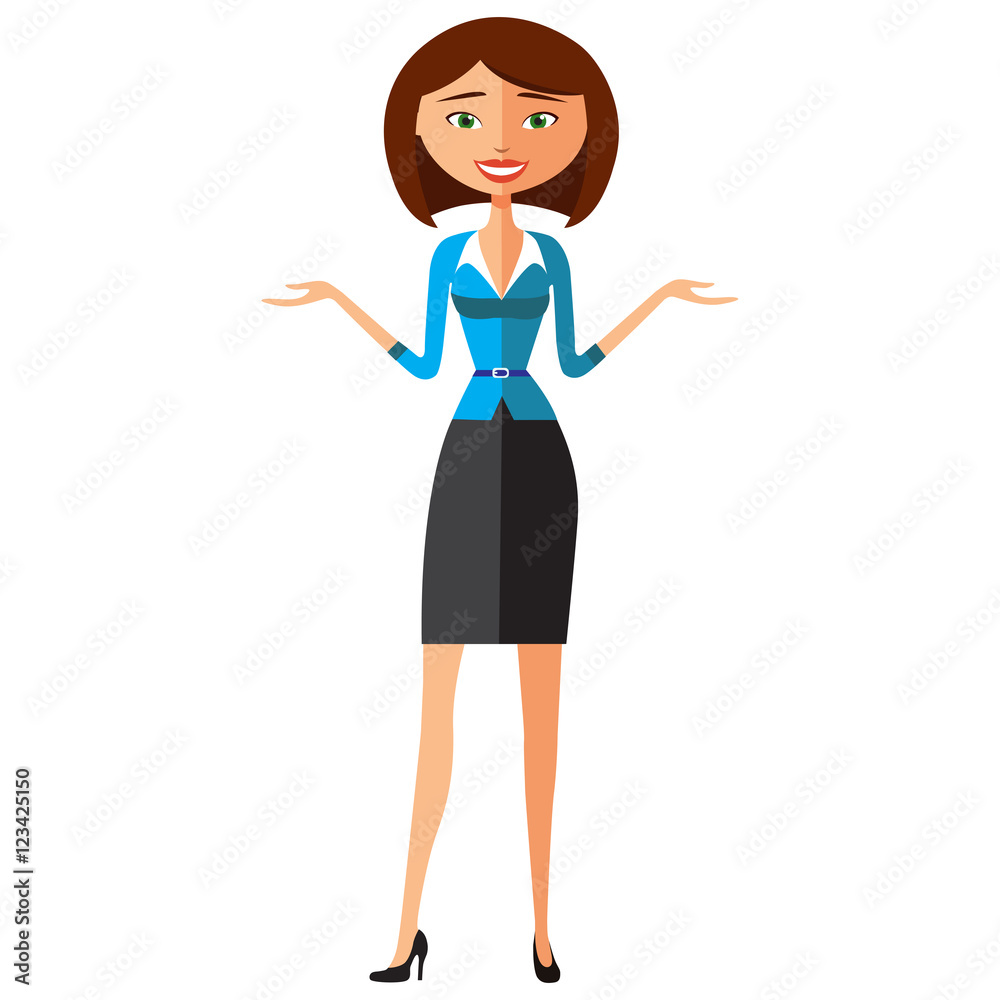 Smiling office woman presents something. Presenting and smiling young secretary lady. Vector. Smiling office woman presents something. Presenting and smiling young secretary lady. Vector.