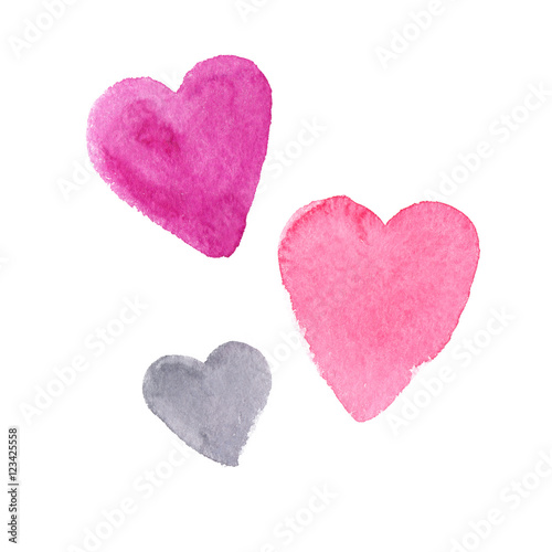 Set of three simple pastel hearts painted in watercolor on clean white background