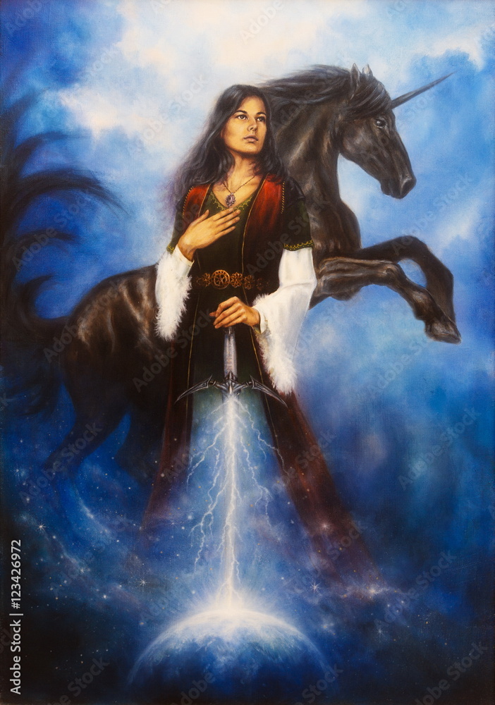 mystic woman in historic dress, holding her sword emanating a light ray tho the earth and acompanied by her mighty black unicorn.