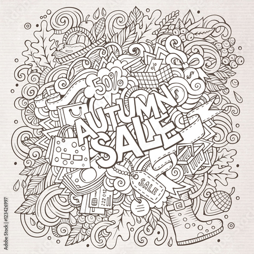 Cartoon cute doodles hand drawn Autumn sale inscription