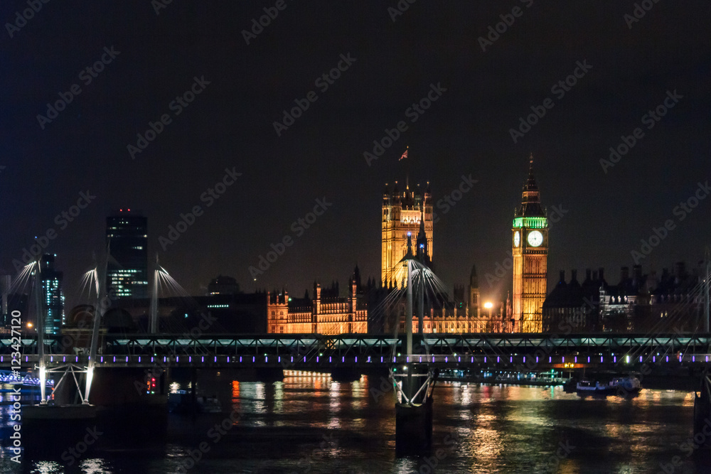 London's Eye and Big Ben at night, England