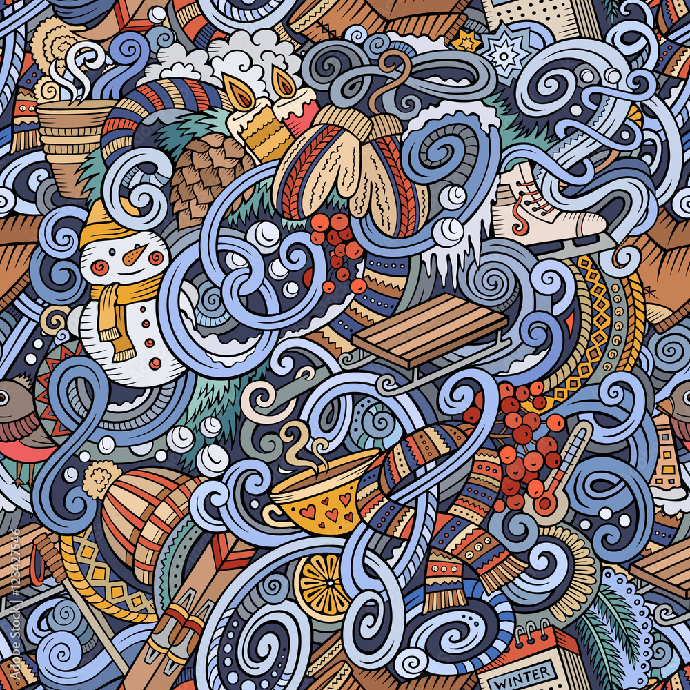 Cartoon doodles Winter season seamless pattern
