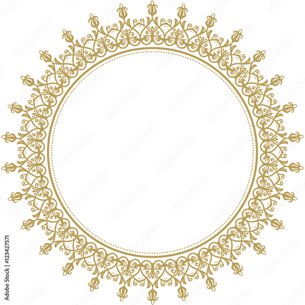 Oriental round frame with arabesques and floral elements. Floral fine border. Greeting card with place for text. Golden round pattern Oriental round frame with arabesques and floral elements. Floral fine border. Greeting card with place for text. Golden round pattern