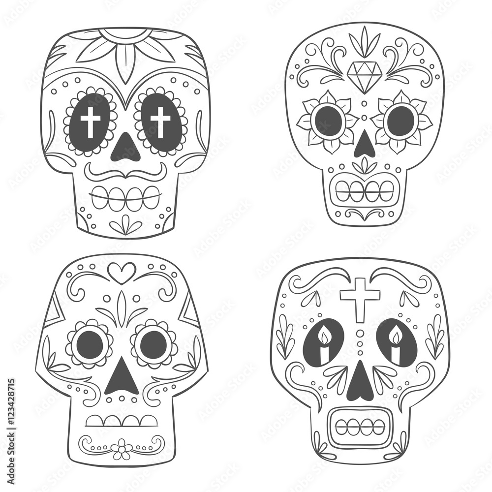 Black and white cartoony mexican sugar skull set.
