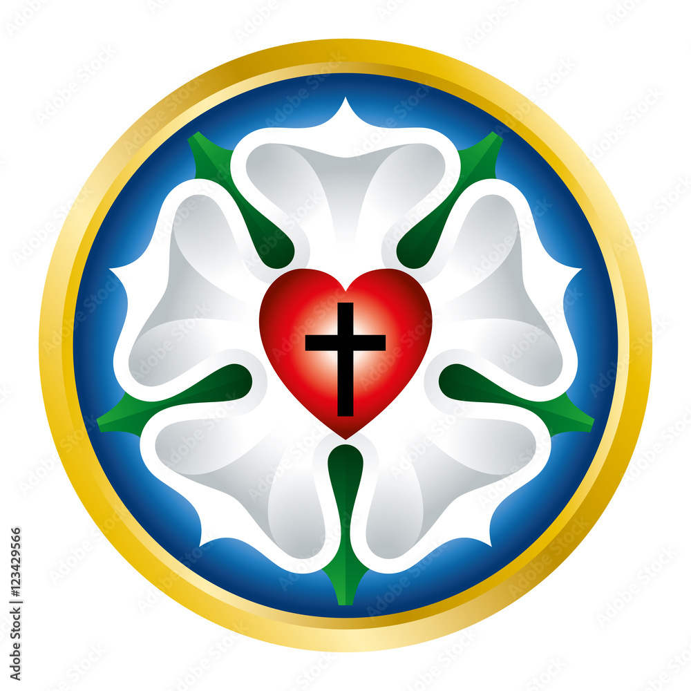Obraz premium Luther rose, also Luther seal, symbol of Lutheranism, used by Martin Luther as an expression of his theology. Black cross in red heart for Holy Trinity, a white rose in sky blue field and golden ring.