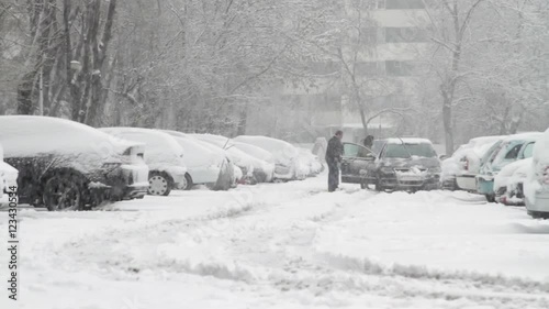 Parking Lot With Cars Covered In Snow, Blizzard, Extreme Weather, Winter, Pan