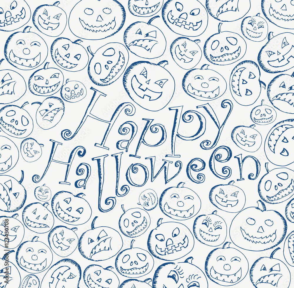 Naklejka premium Doodle happy halloween wishes card with sketched set of pumpkins