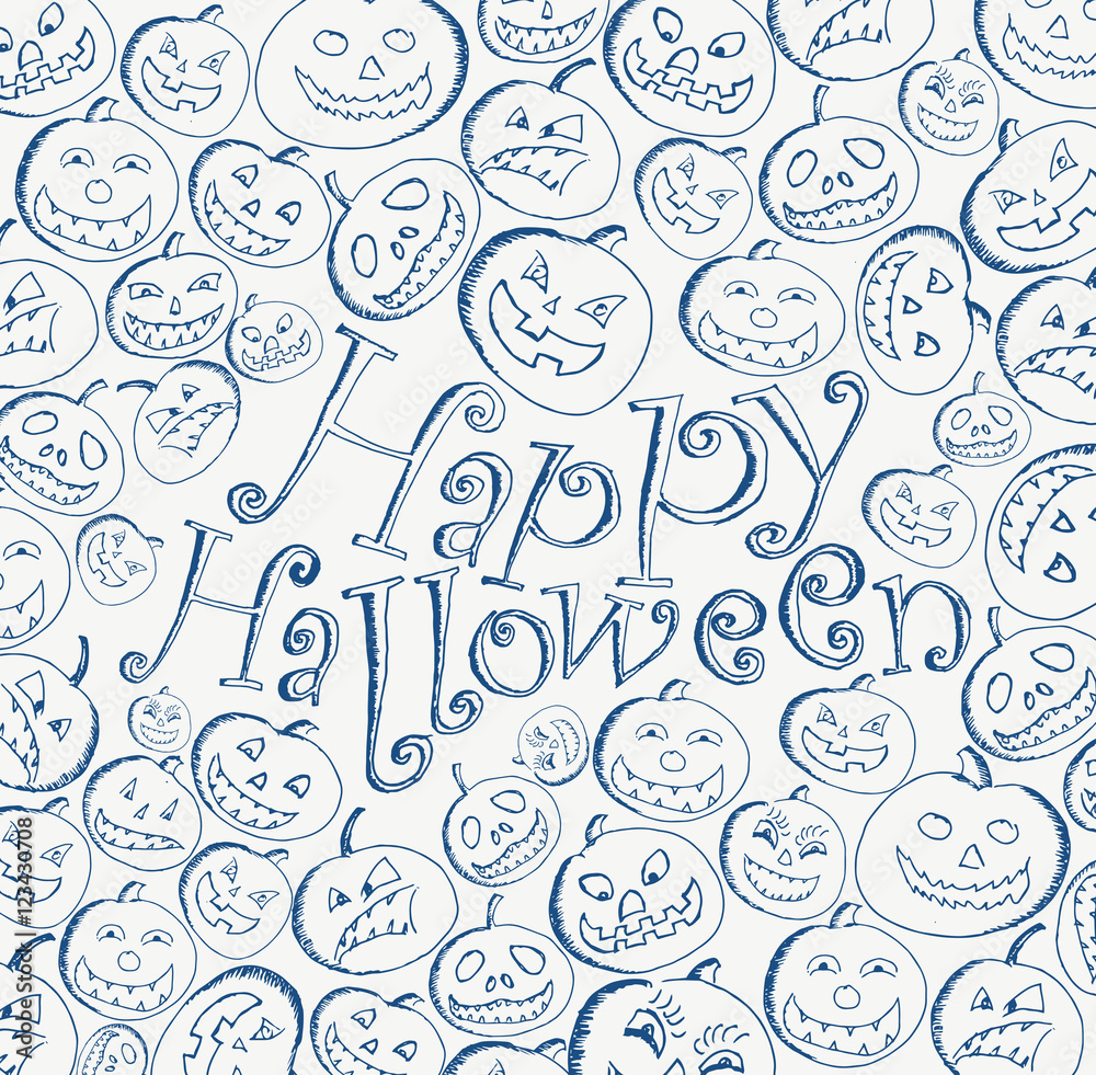 Doodle happy halloween wishes card with sketched set of pumpkins