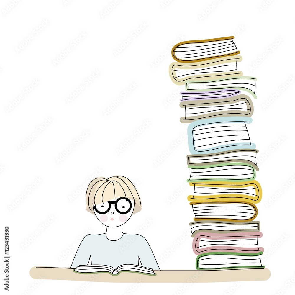 Student wearing glasses and reading a book Student wearing glasses and reading a book