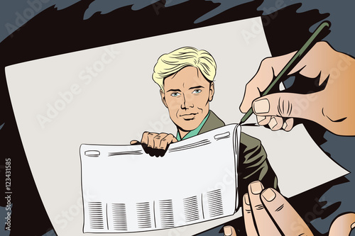 Presentation template. Man shows a newspaper.