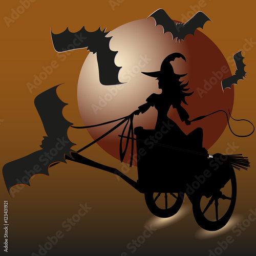 Witch and bats picture invitation
Holiday Halloween abstraction Sorceress chariot to fly to whip hand four vampire escort large moon shadow of the background vector illustration
