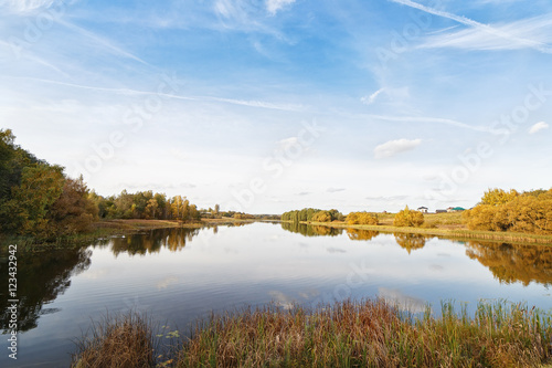 Autumn landscape of lake with reeds.