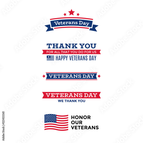 Collection of various Veterans Day labels, emblems, symbols, icons and badges