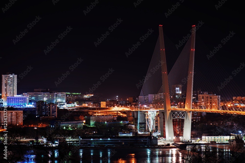 Fototapeta premium night view of the bridge in the Russian Vladivostok over the Golden Horn bay