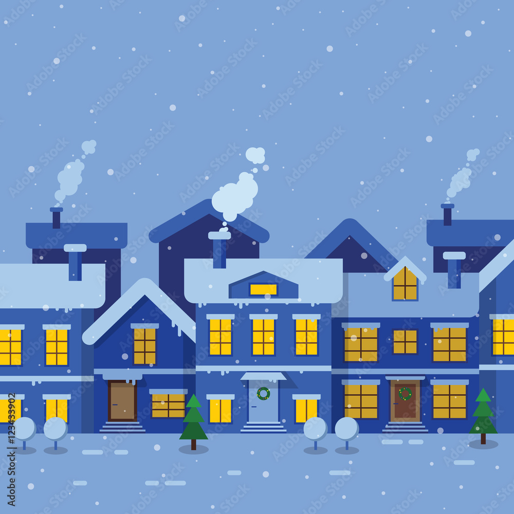 Winter street with buildings decorated for Christmas: roofs with