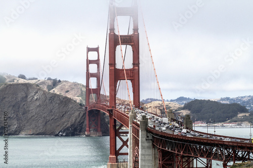 High angle view of Golden Gate Bridge over bay of water against sky, San Francisco, California, USA