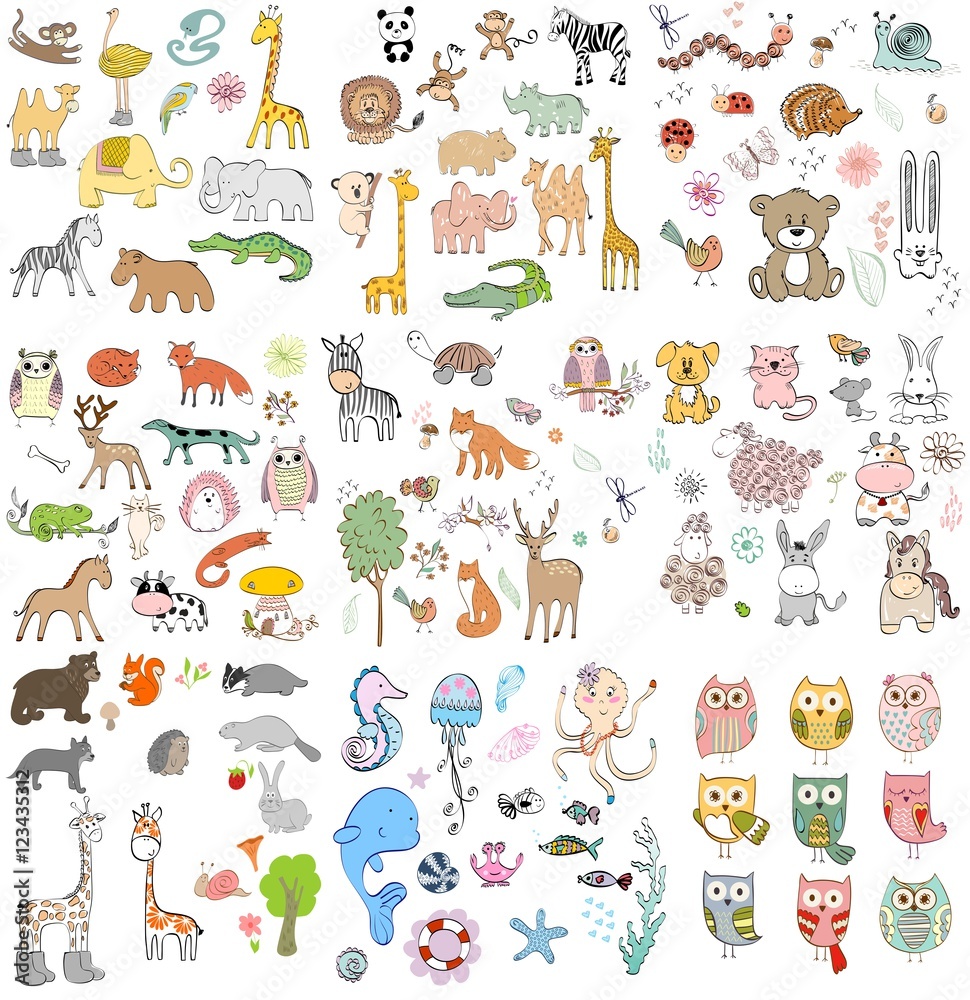big set of wild, domestic, marine animals and owls. Hand drawn illustration.