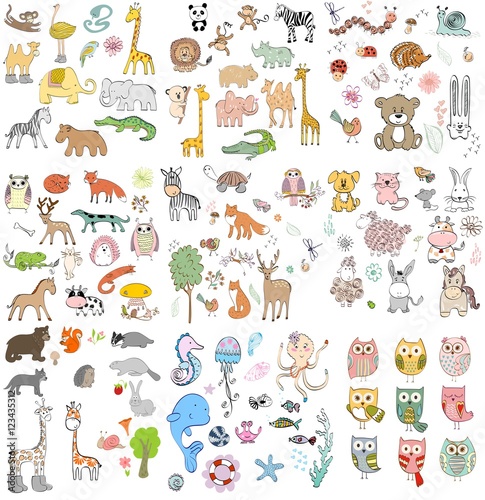 big set of wild, domestic, marine animals and owls. Hand drawn illustration.