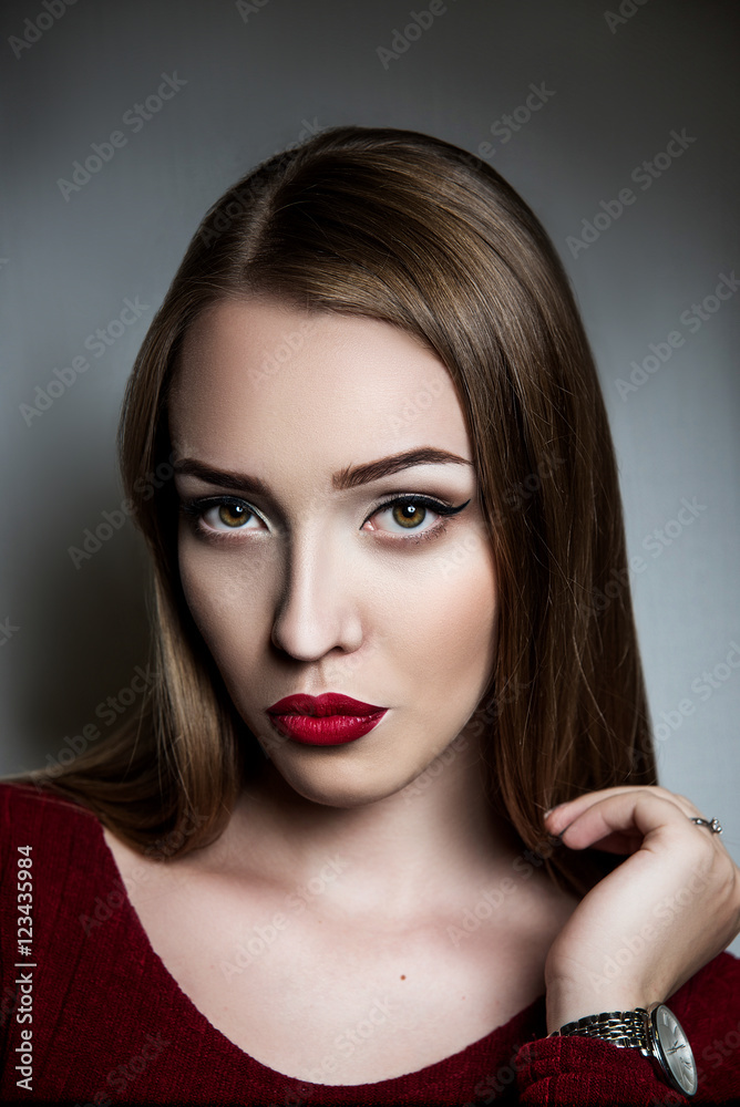 Portrait of beautiful sensual girl with red lips Portrait of beautiful sensual girl with red lips