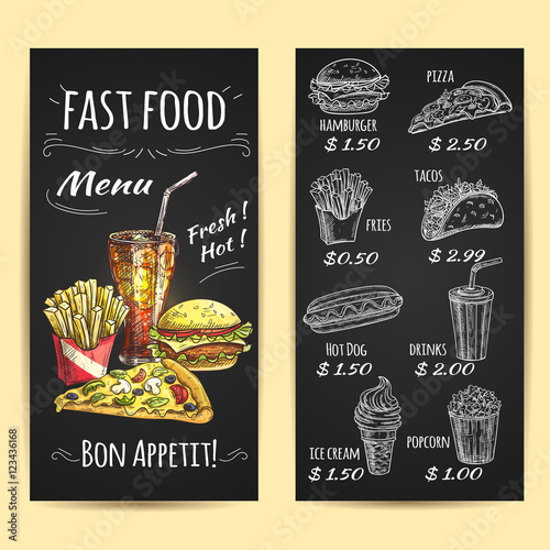 Fast food menu poster. Chalk sketch on blackboard
