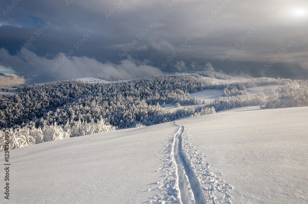 Winter  mountain landscape with lonely ski run