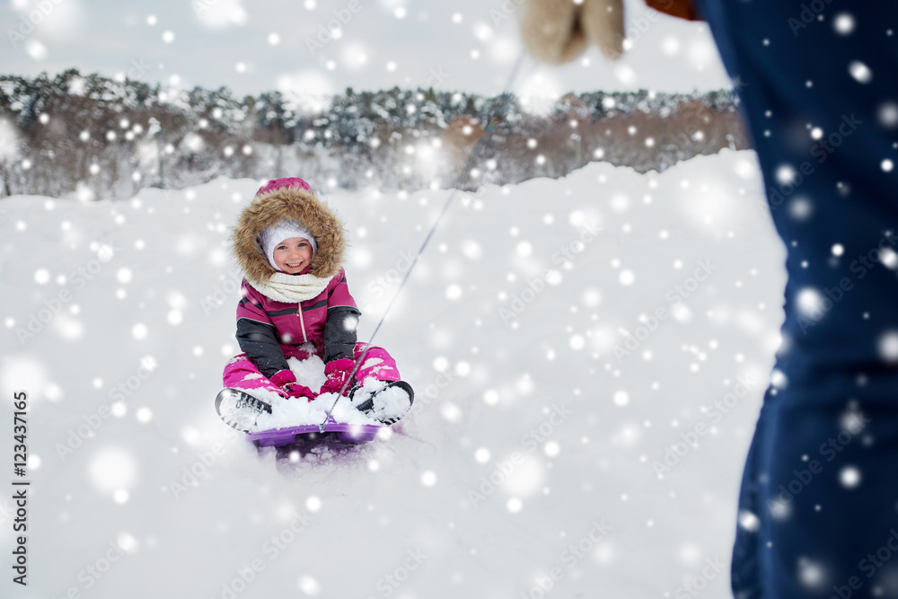parent carrying happy little kid on sled in winter parent carrying happy little kid on sled in winter
