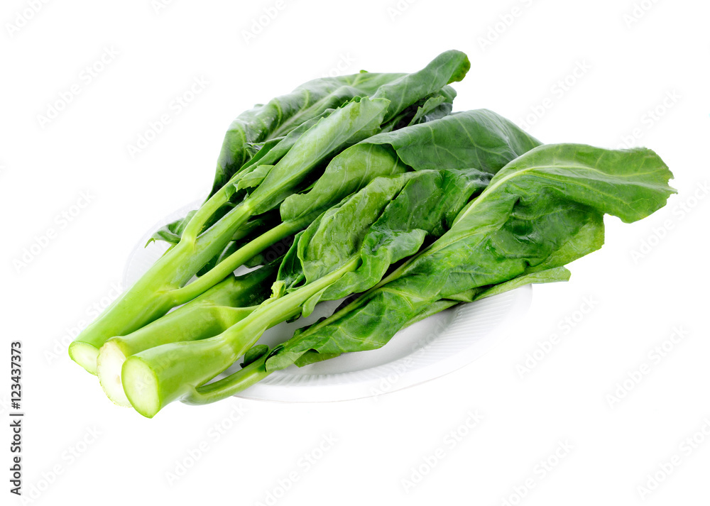 Chinese kale vegetable in white plate on white background Chinese kale vegetable in white plate on white background