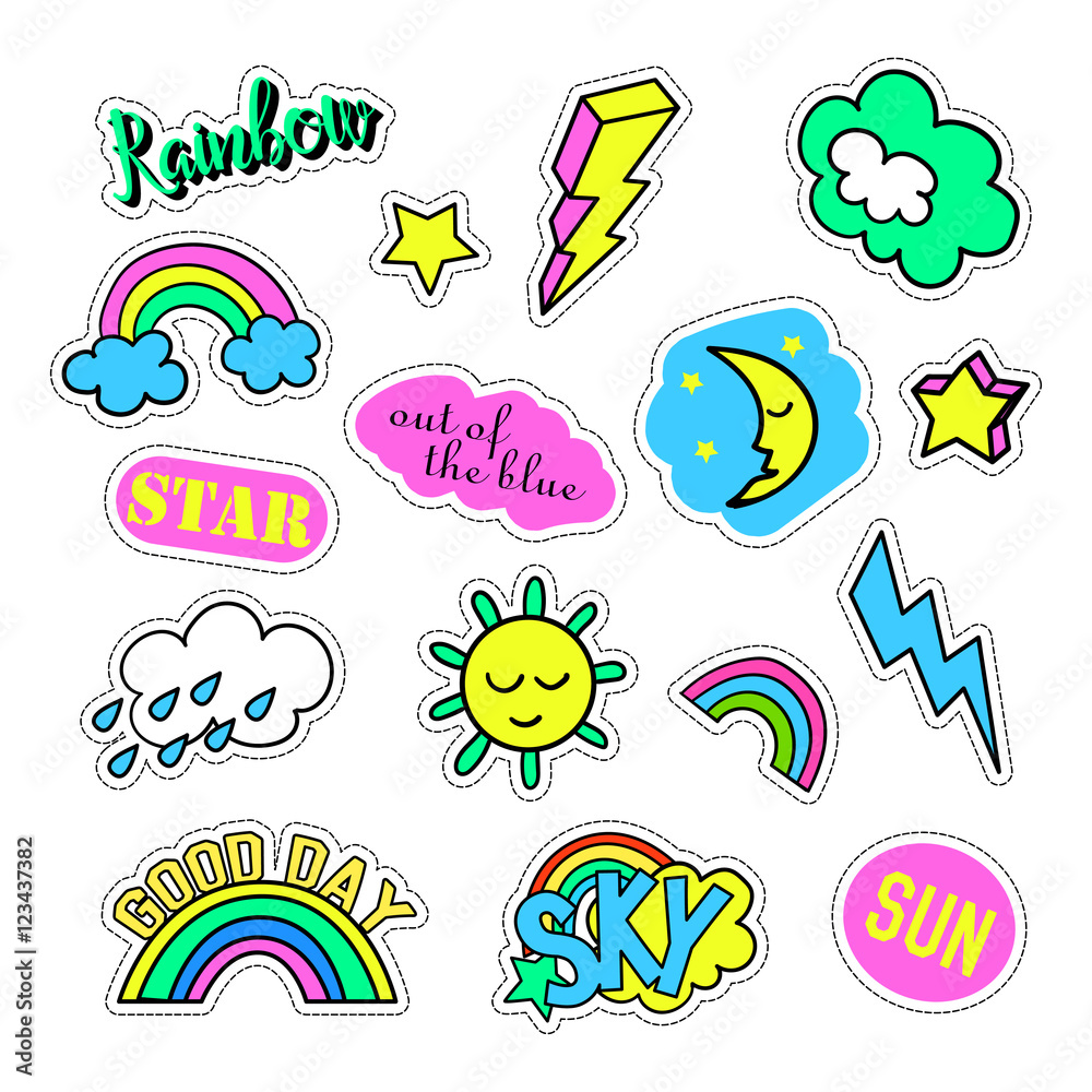 Pop art set with fashion patch badges and different sky elements. Stickers, pins, patches, quirky, handwritten notes collection. 80s-90s style. Trend. Vector illustration isolated. Vector clip art. Pop art set with fashion patch badges and different sky elements. Stickers, pins, patches, quirky, handwritten notes collection. 80s-90s style. Trend. Vector illustration isolated. Vector clip art.