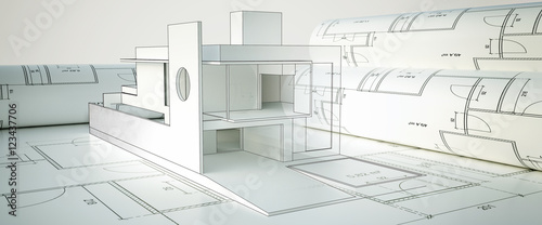 Construction plans with modern house - 3d rendering