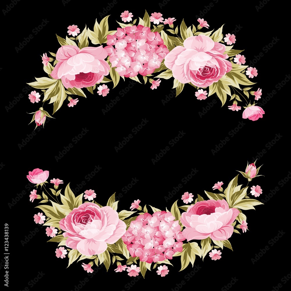 Template of invitation card. Peony garland for holiday card. Avesome flower garland with roses isolated over black background. Vector illustration.