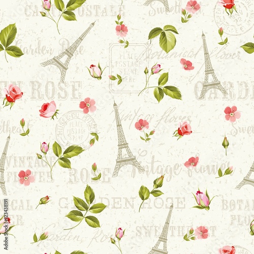 Pattern with red flowers, leaves and eiffel tower. Seamless background with spring blooming flowers over gray text pattern with text signs. Vector illustration.