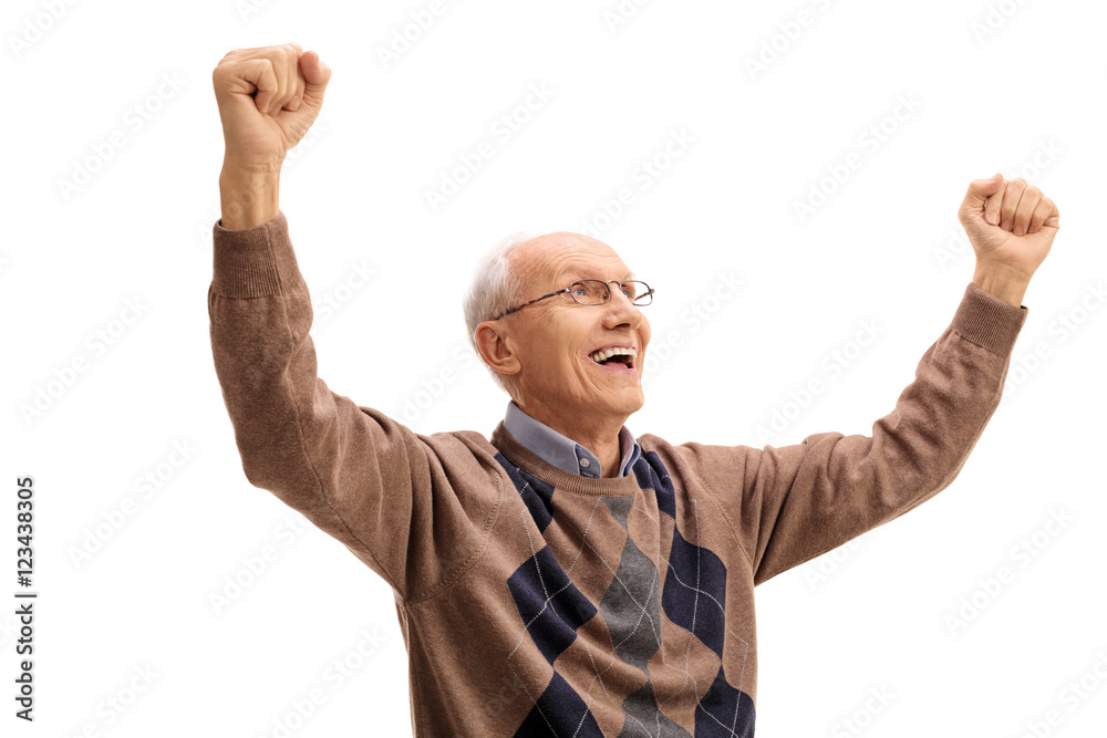 Overjoyed elderly man gesturing happiness Overjoyed elderly man gesturing happiness
