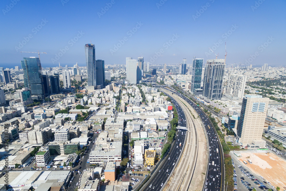 Tel Aviv skyline - Aerial photo of Tel Aviv's center with Ayalon freeway
