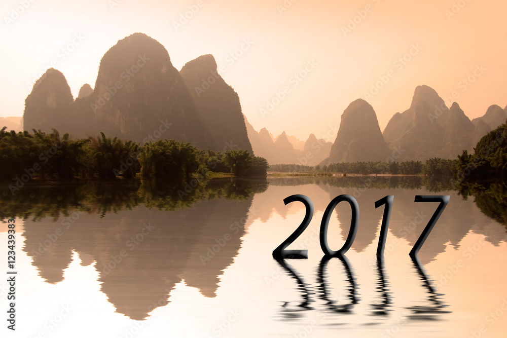 2017 written in chinese landscape at sunset, asian 2017 new year concept - obrazy, fototapety, plakaty 
