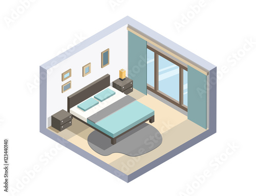 Vector isometric illustration of hotel room, Flat 3d, interior design, hotel icon, accommodation. Set of bedroom furniture, cozy room