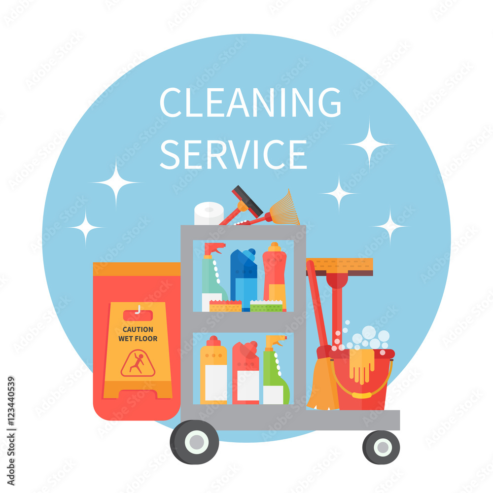 Trolley full of cleaning supplies and household equipment tools. Vector icons Trolley full of cleaning supplies and household equipment tools. Vector icons