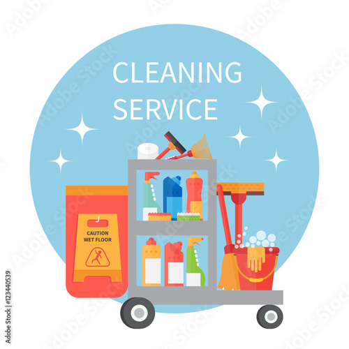 Trolley full of cleaning supplies and household equipment tools. Vector icons